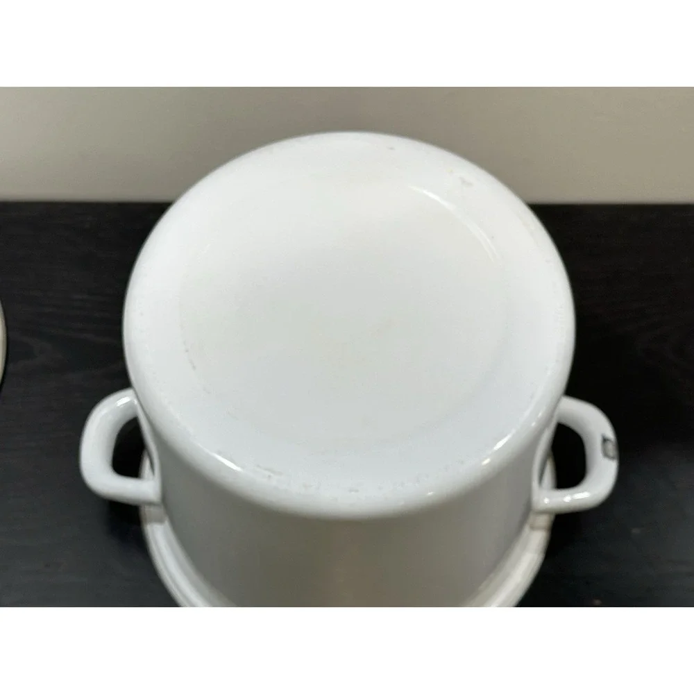 Vintage White Enamel Stock Pot with Lid 9.5 Diameter Camping Cottagecore Kitchen